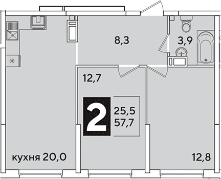 3-комн., 57.7 м², 11/16 этаж, ЖК «Самолет»