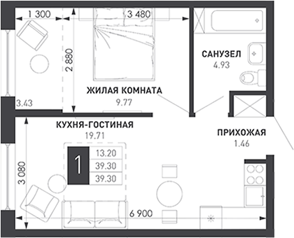 1-комн., 37.2 м², 6/9 этаж, ЖК «Иначе в Молодежном»