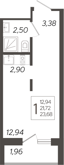 Студия, 21.72 м², 16/19 этаж, ЖК «Кислород»