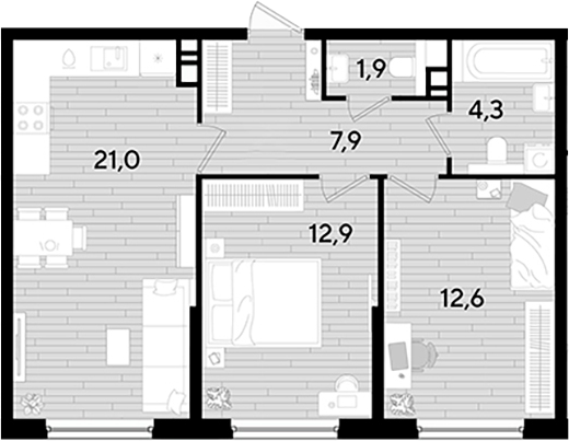 2-комн., 60.6 м², 3/16 этаж, ЖК «DОГМА ПАРК»