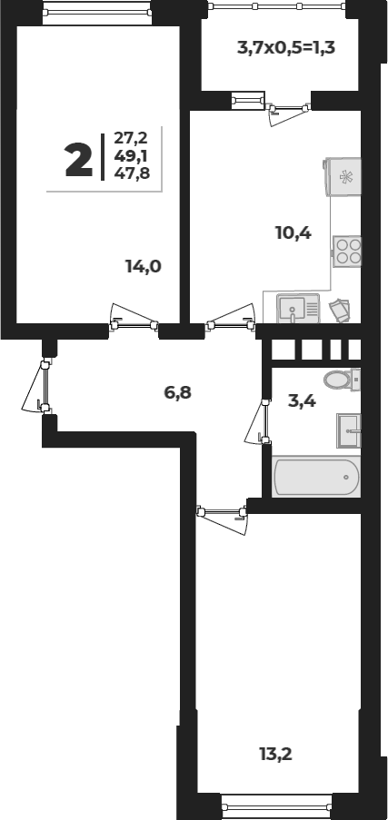 2-комн., 47.8 м², 1/19 этаж, ЖК «Грани»