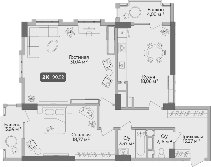 2-комн., 88.54 м², 4/17 этаж, ЖК «Золотой берег. СЗ Среда»