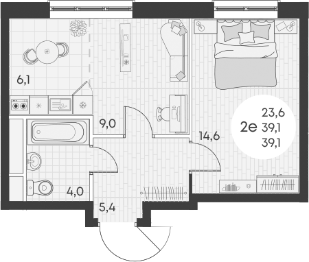 2-комн., 39.1 м², 10/16 этаж, ЖК «Грин Эппл»
