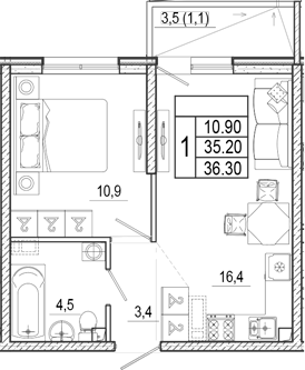 2-комн., 35.2 м², 2/17 этаж, ЖК «Лестория»
