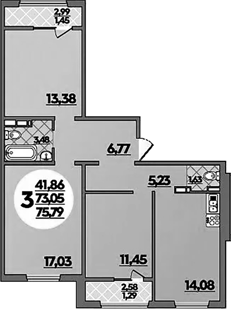 3-комн., 73.05 м², 1/8 этаж, ЖК «Молодежный 2»