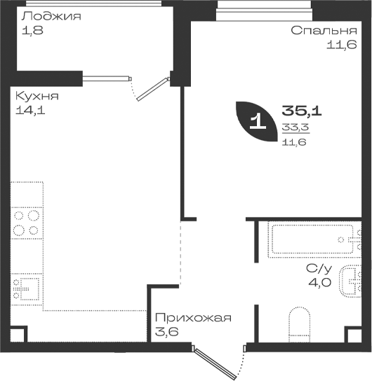 Продается 1-комн. квартира, 33.3 м²
