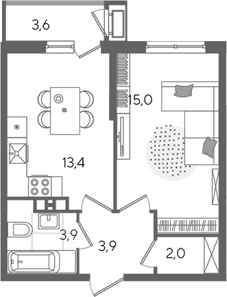 1-комн., 38.2 м², 5/24 этаж, ЖК «Рекорд»