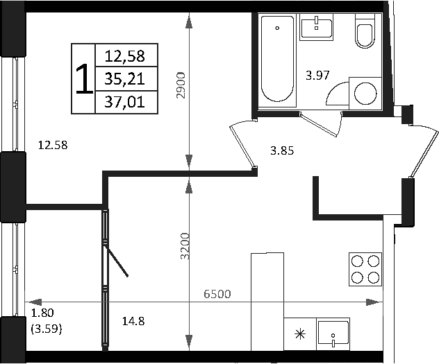 2-комн., 35.21 м², 15/16 этаж, ЖК «Патрики»