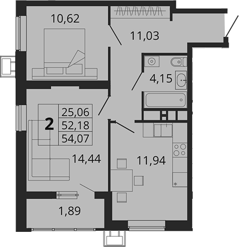 2-комн., 53.59 м², 3/18 этаж, ЖК «Родные Просторы»