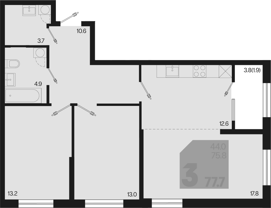 3-комн., 75.8 м², 2/18 этаж, ЖК «Первое место»