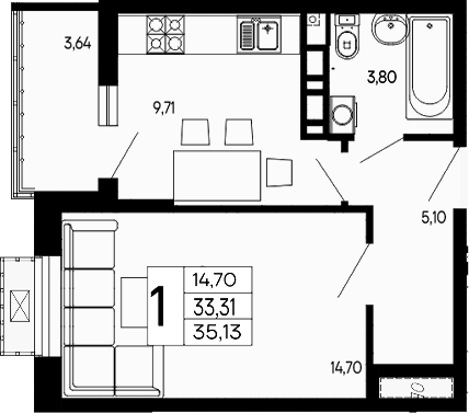 Продается 1-комн. квартира, 33.31 м²