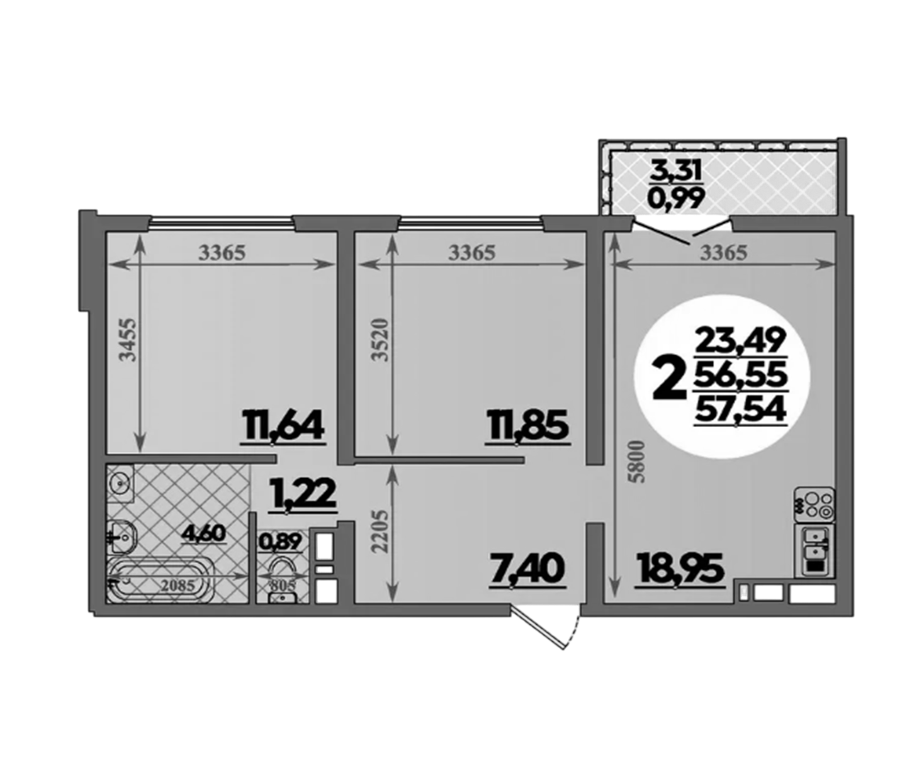 2-комн., 56.55 м², 15/16 этаж, ЖК «Город у моря»
