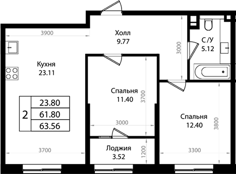 Продается 2-комн. квартира, 61.34 м²