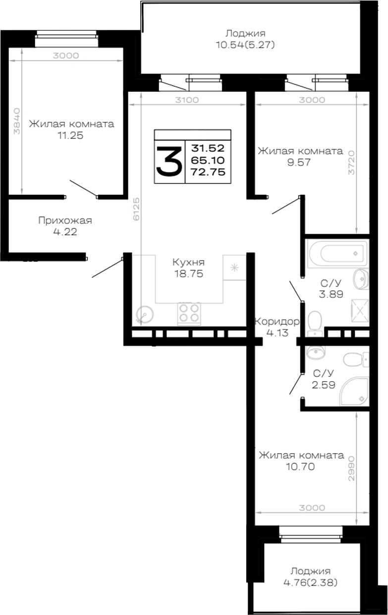 Продается 3-комн. квартира, 65.1 м²