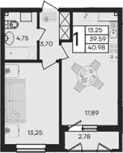 Продается 1-комн. квартира, 39.59 м²