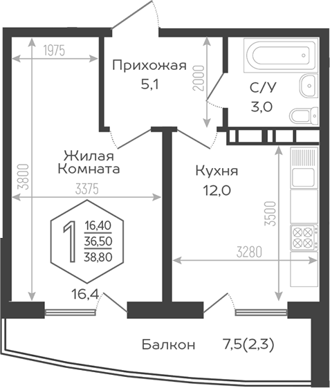 1-комн., 35.1 м², 17/21 этаж, ЖК «Гарантия PRIME»