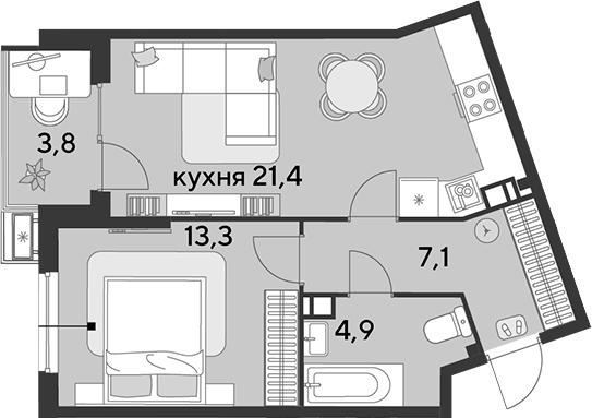 2-комн., 46.7 м², 6/18 этаж, ЖК «Парк Победы»