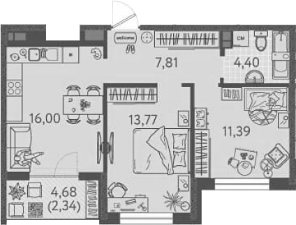 2-комн., 53.37 м², 9/9 этаж, ЖК «Друзья»