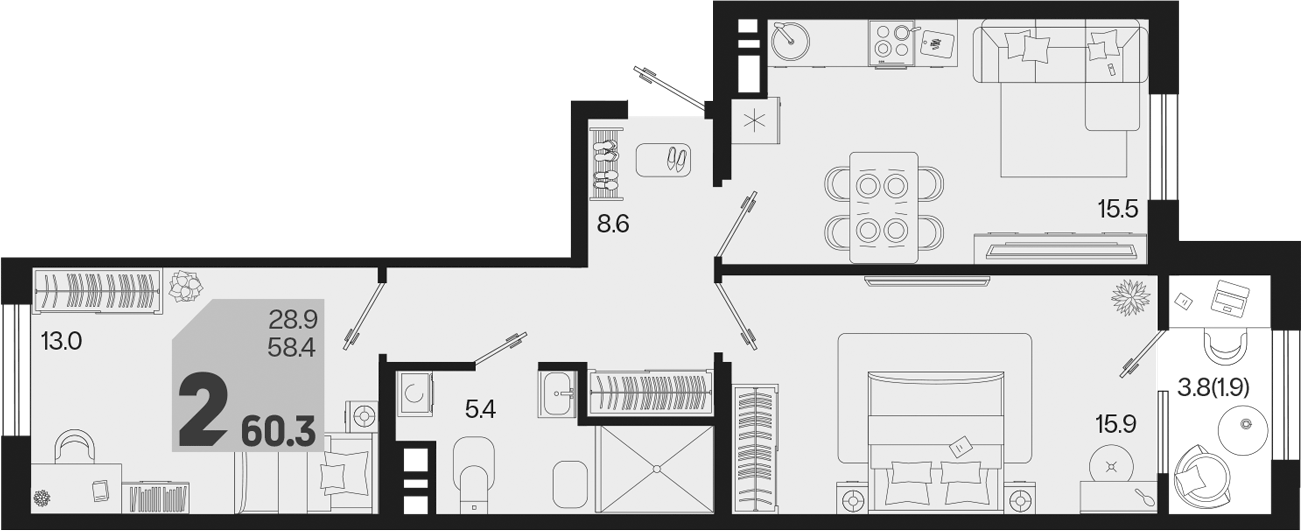 2-комн., 58.4 м², 9/9 этаж, ЖК «Первое место»