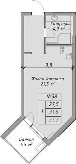 Студия, 31.8 м², 3/4 этаж, ЖК «Оазис Азова»