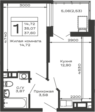 1-комн., 35.07 м², 16/16 этаж, ЖК «Долина»