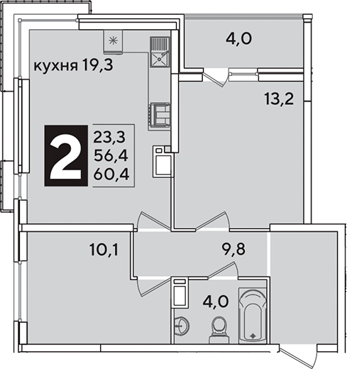 3-комн., 56.4 м², 10/16 этаж, ЖК «Самолет»