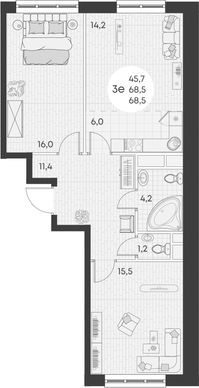 3-комн., 68.5 м², 15/15 этаж, ЖК «Грин Эппл»