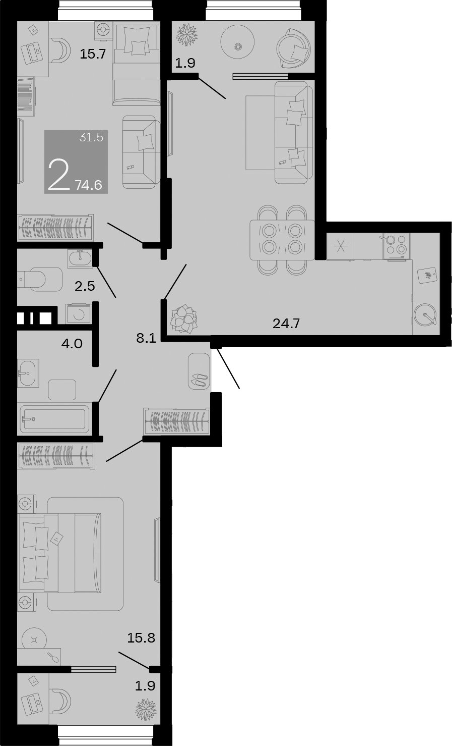2-комн., 70.8 м², 6/8 этаж, ЖК «Хозяин Морей»