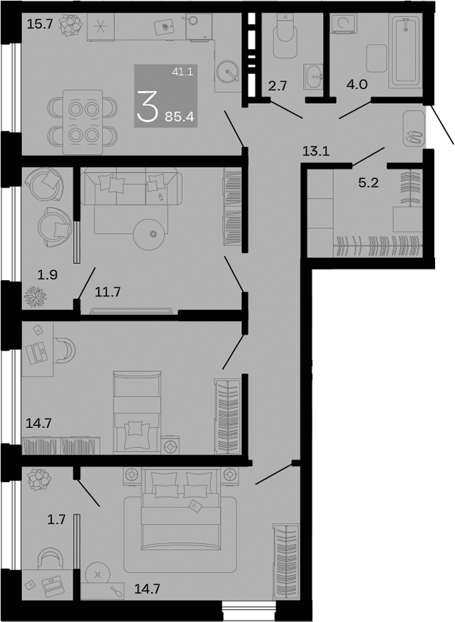 3-комн., 81.8 м², 2/9 этаж, ЖК «Хозяин Морей»