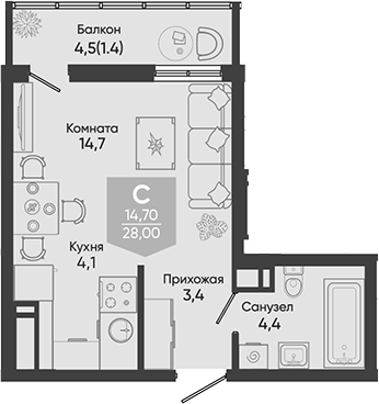 Студия, 26.6 м², 3/24 этаж, ЖК «Облака»