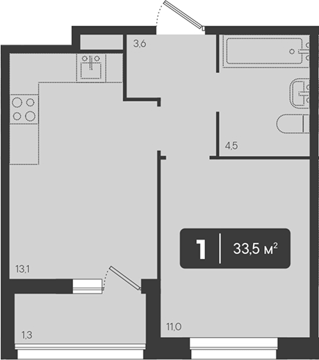 1-комн., 32.2 м², 2/9 этаж, ЖК «Архитектор. ГК ЮгСтройИнвест»
