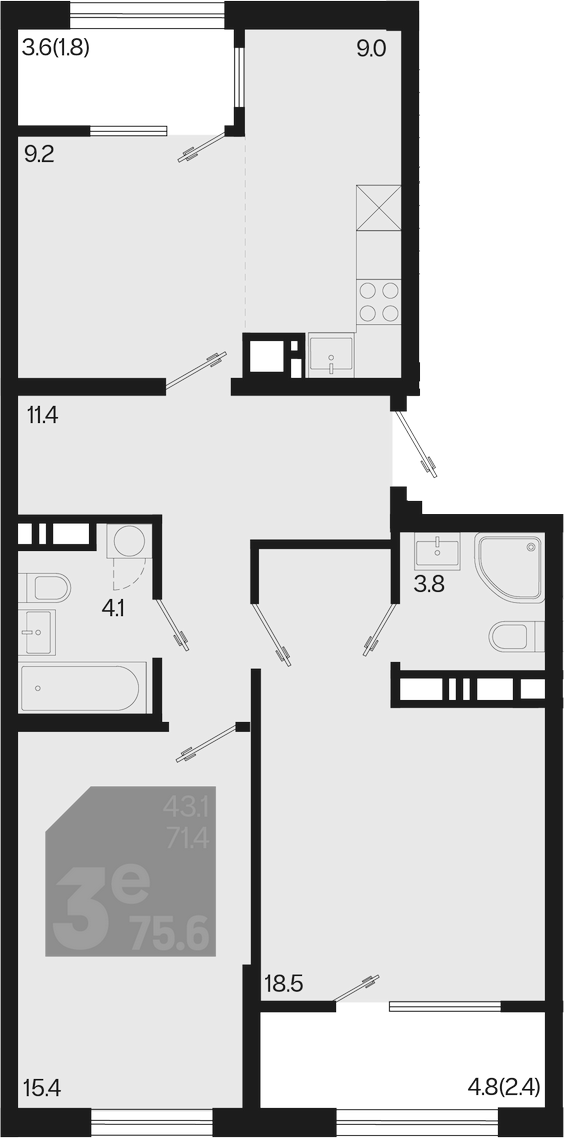3-комн., 71.4 м², 9/9 этаж, ЖК «Первое место»