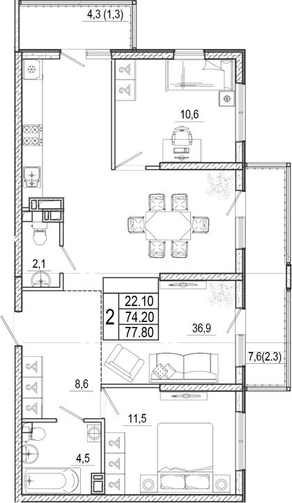 3-комн., 74.2 м², 14/17 этаж, ЖК «Лестория»
