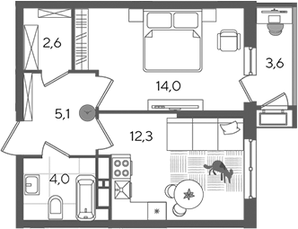 1-комн., 38 м², 17/24 этаж, ЖК «Рекорд»