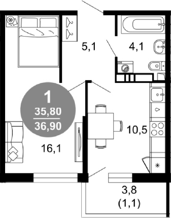 1-комн., 35.8 м², 2/17 этаж, ЖК «Лестория»