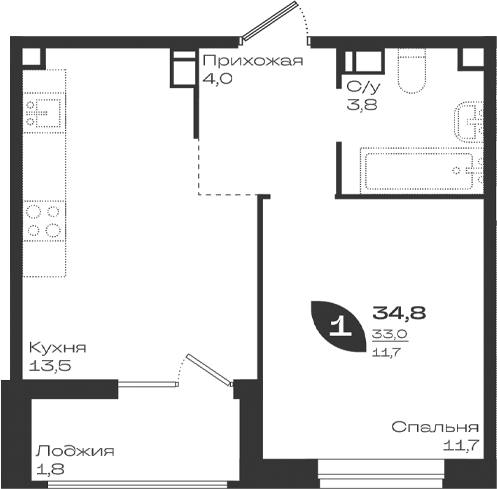 1-комн., 33 м², 6/18 этаж, ЖК «Ботаника»