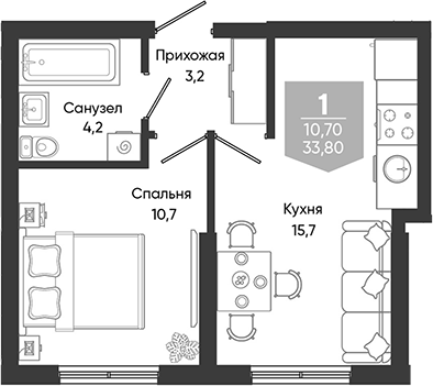 2-комн., 33.8 м², 1/24 этаж, ЖК «Облака»