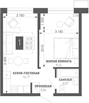1-комн., 37.57 м², 8/18 этаж, ЖК «Иначе в Молодежном»