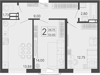 2-комн., 53.92 м², 11/19 этаж, ЖК «Светский лес»