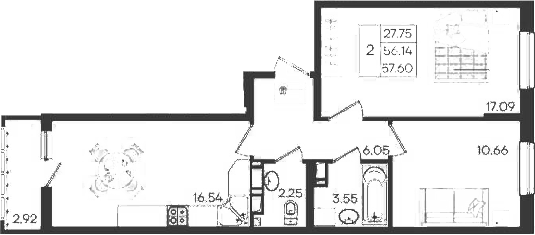 Продается 2-комн. квартира, 56.14 м²