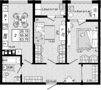2-комн., 59.56 м², 2/8 этаж, ЖК «Резиденция морей»