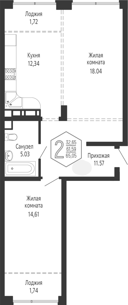 2-комн., 61.59 м², 3/24 этаж, ЖК «Гарантия PRIME»