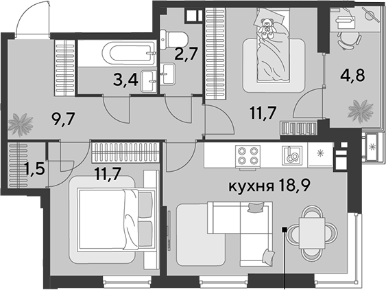 3-комн., 59.6 м², 6/18 этаж, ЖК «Парк Победы»