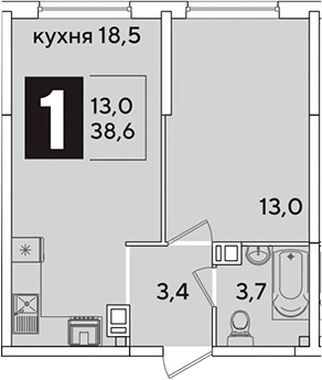 2-комн., 38.6 м², 9/16 этаж, ЖК «Самолет»