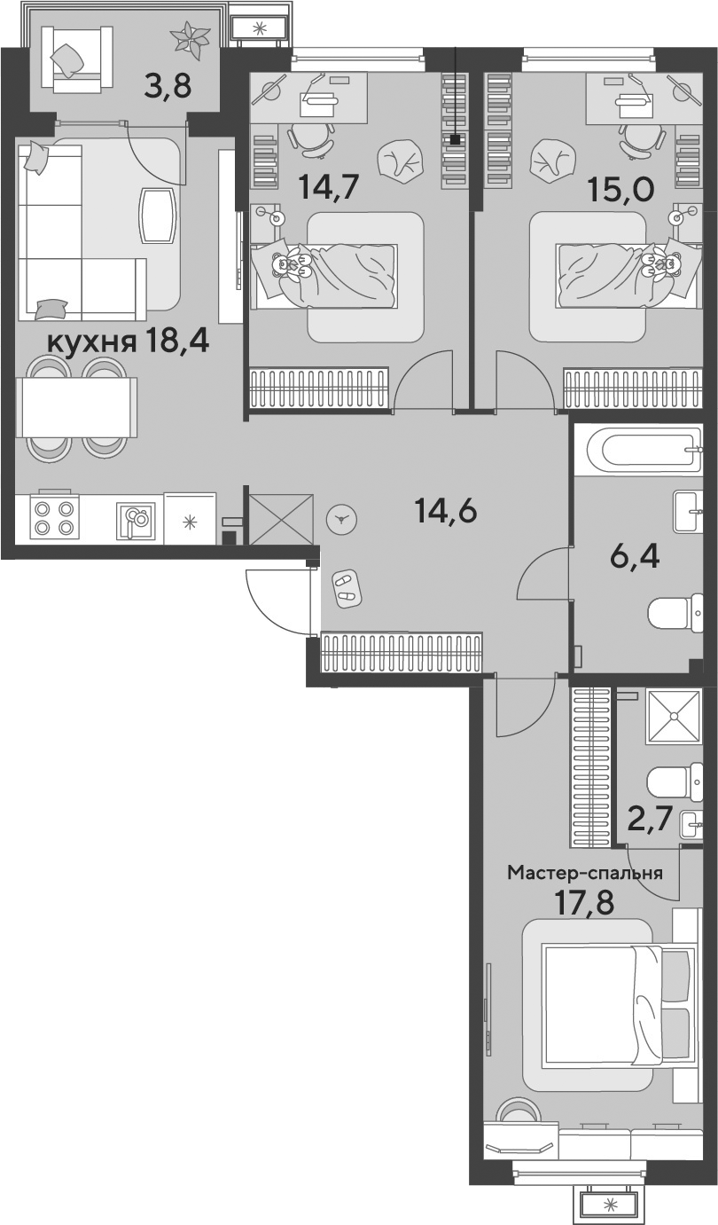 4+ комнаты, 89.6 м², 2/9 этаж, ЖК «Парк Победы»