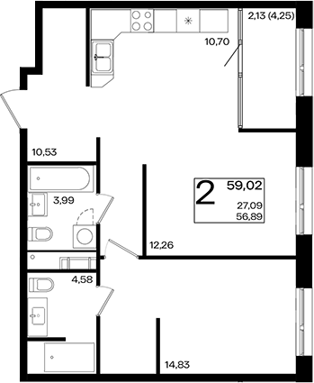 2-комн., 56.89 м², 2/10 этаж, ЖК «Патрики»