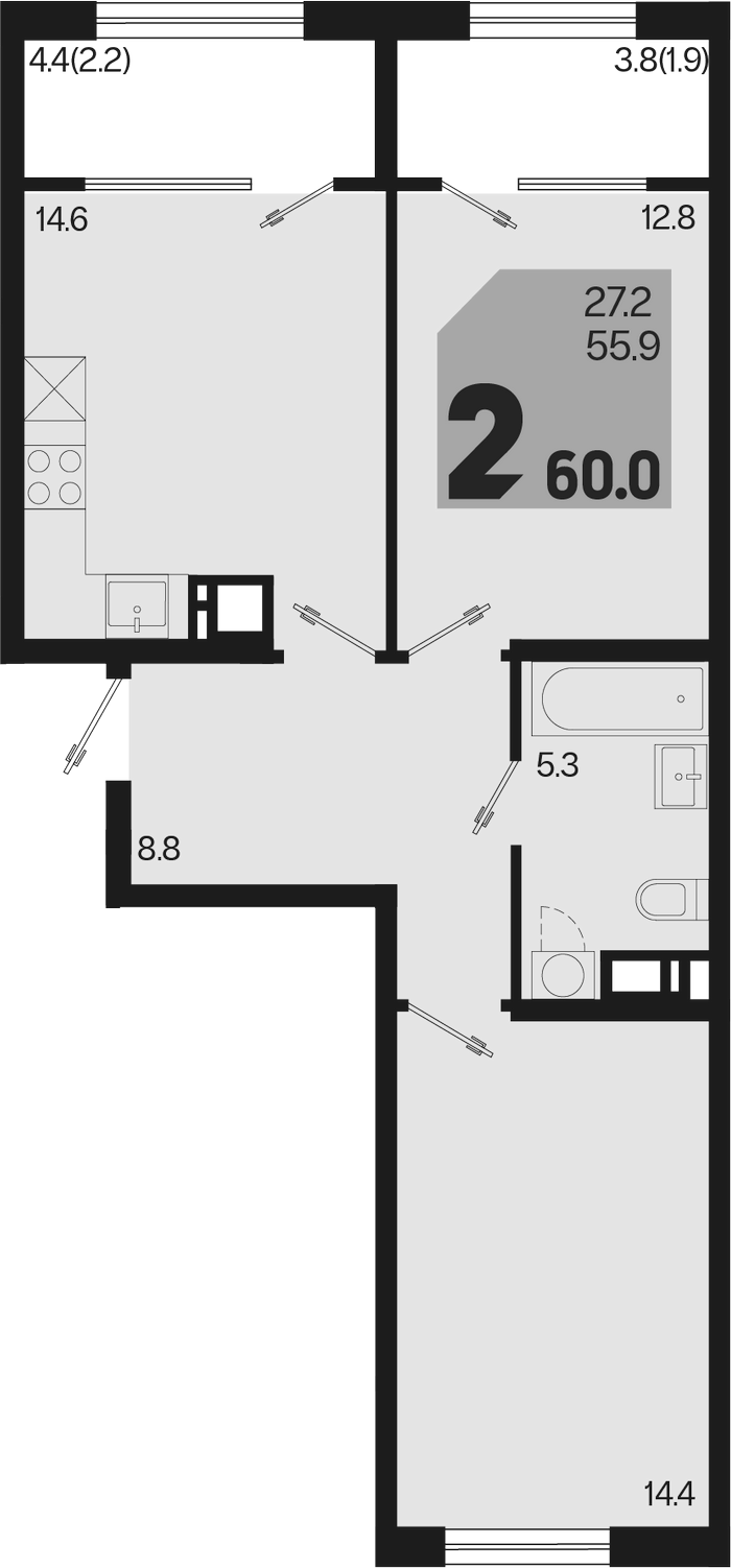 2-комн., 55.9 м², 3/9 этаж, ЖК «Первое место»