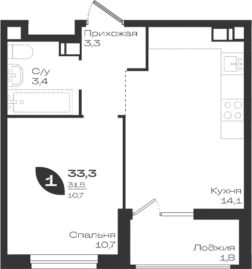 1-комн., 31.5 м², 9/9 этаж, ЖК «Ботаника»