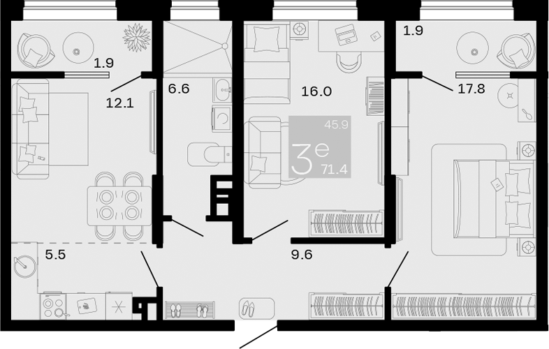 3-комн., 67.6 м², 3/8 этаж, ЖК «Хозяин Морей»