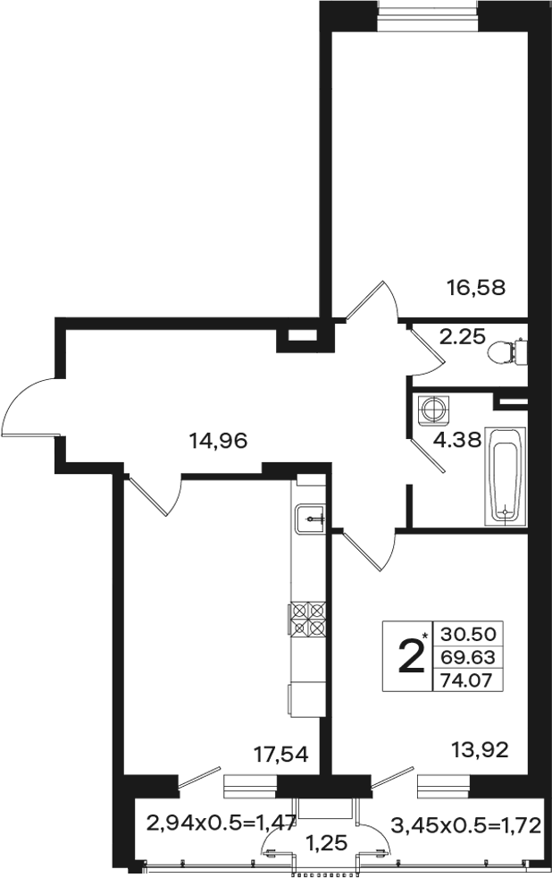 Продается 2-комн. квартира, 69.63 м²